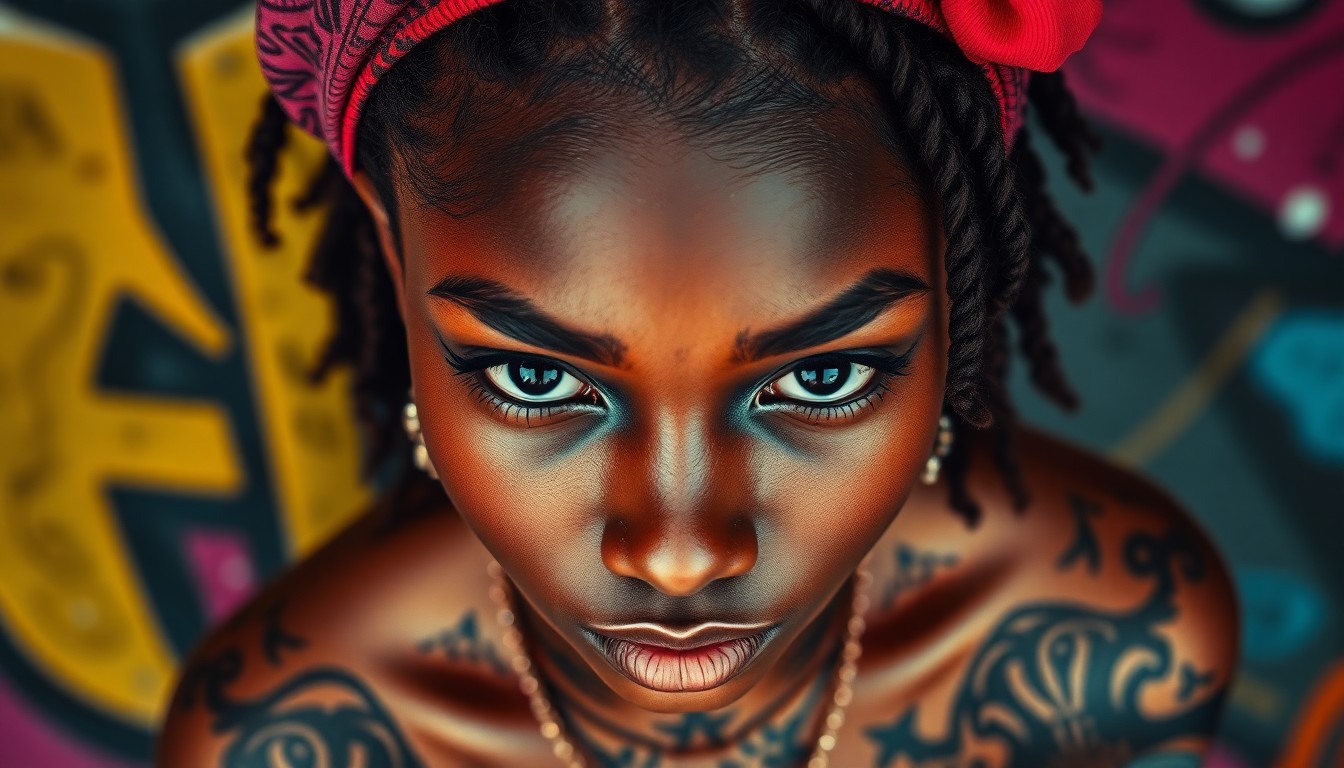 AI generated art for prompt: A mesmerizing portrait of a young African woman, her fair skin adorned with intricate ink tattoos, s