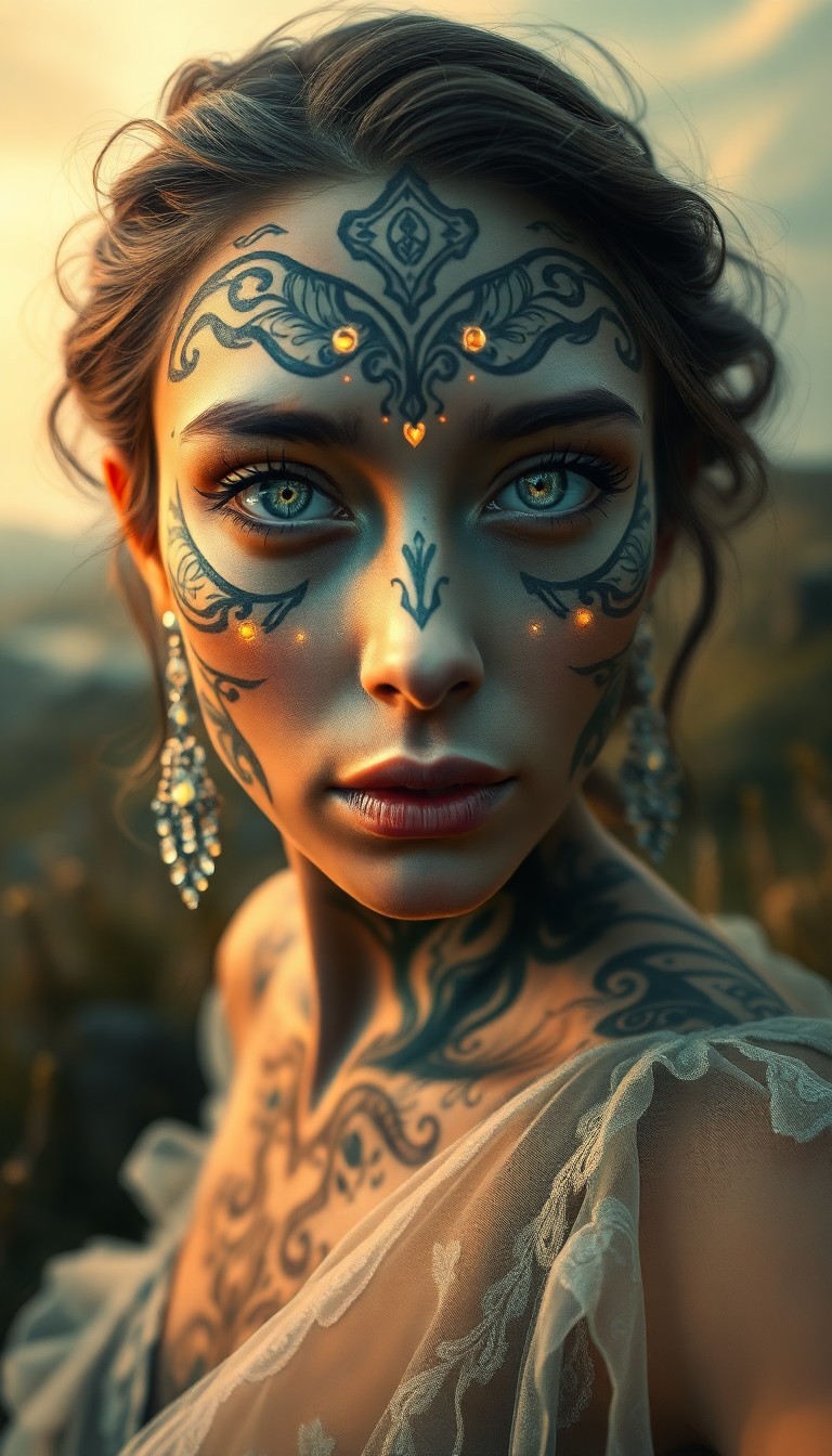 AI generated art for prompt: A captivating portrait of a mysterious Slavic woman, her face adorned with intricate, glowing tattoo