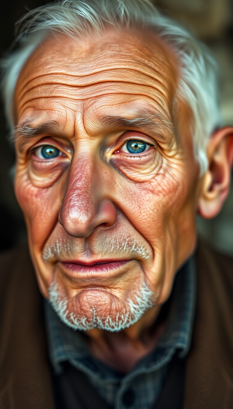 AI generated art for prompt: Create a hyperrealistic portrait of an elderly Western European man. His face is weathered with wrin