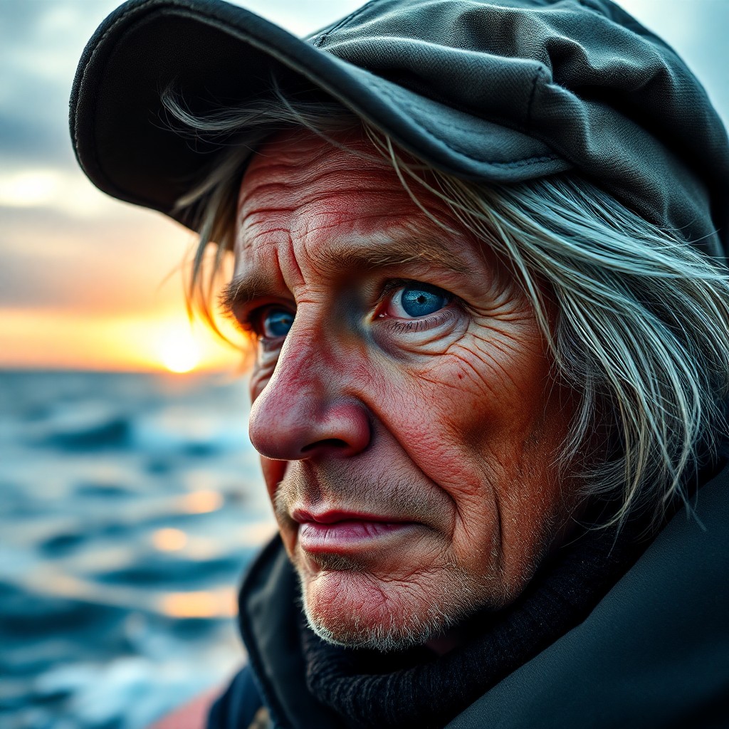 AI generated art for prompt: A portrait photograph captures a furrowed fisherman with sun-etched skin and wistful blue eyes in a 