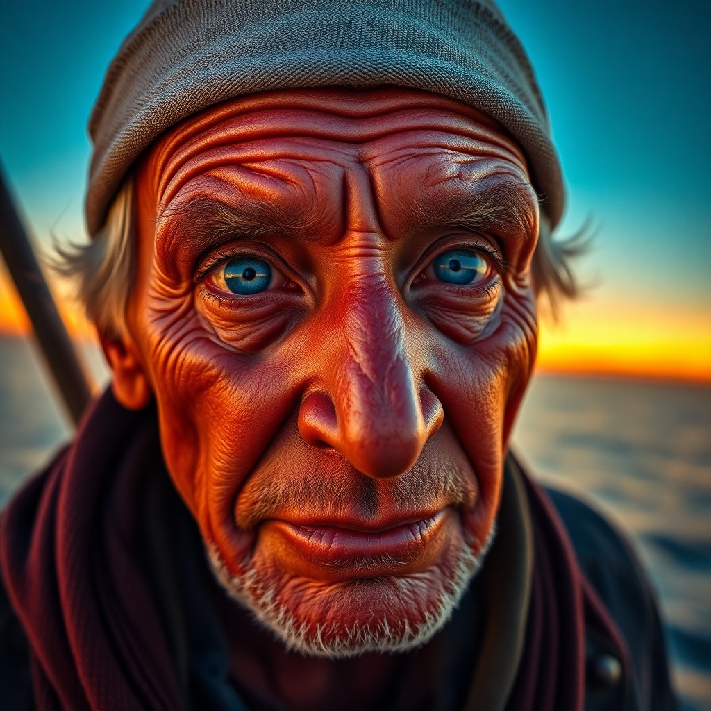 AI generated art for prompt: A captivating portrait presents a wrinkled fisherman, his deep oceanic blue eyes reflecting the twil