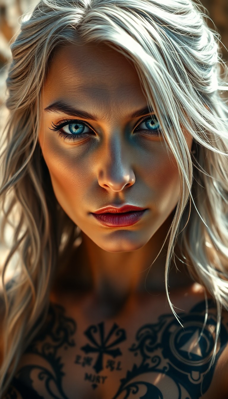 AI generated art for prompt: A photorealistic portrait captures the enigmatic gaze of a female oracle. With clouded blue eyes and