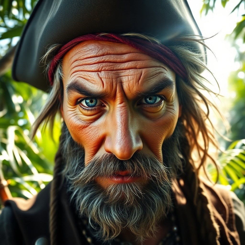 AI generated art for prompt: Create a photorealistic portrait of a weathered pirate captain with tender blue eyes that captures h