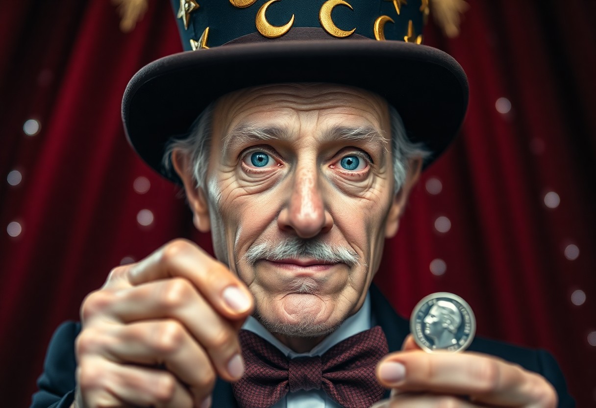 AI generated art for prompt: Imagine an iPhone portrait of an aged, old-time magician captured in a close-up, three-quarter view 