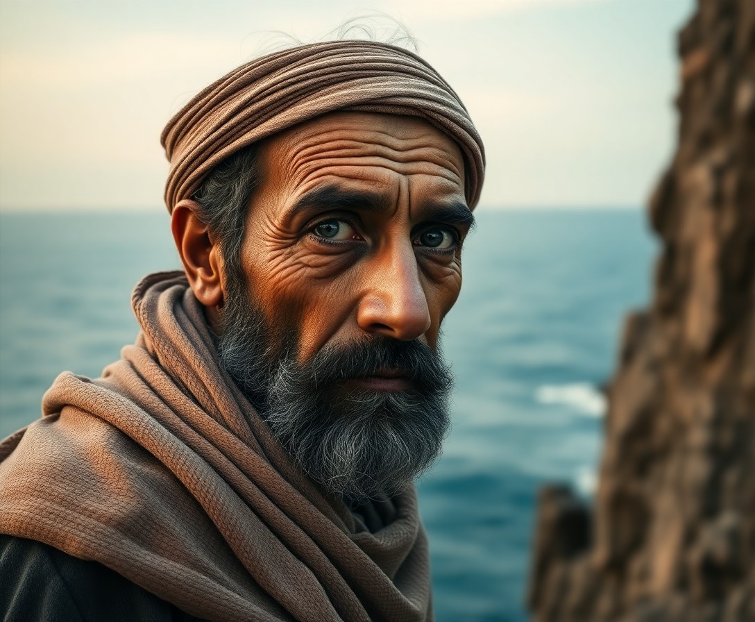 AI generated art for prompt: Craft a poignant, ultrarealistic portrait of a weathered Middle Eastern fisherman. Render his rugged