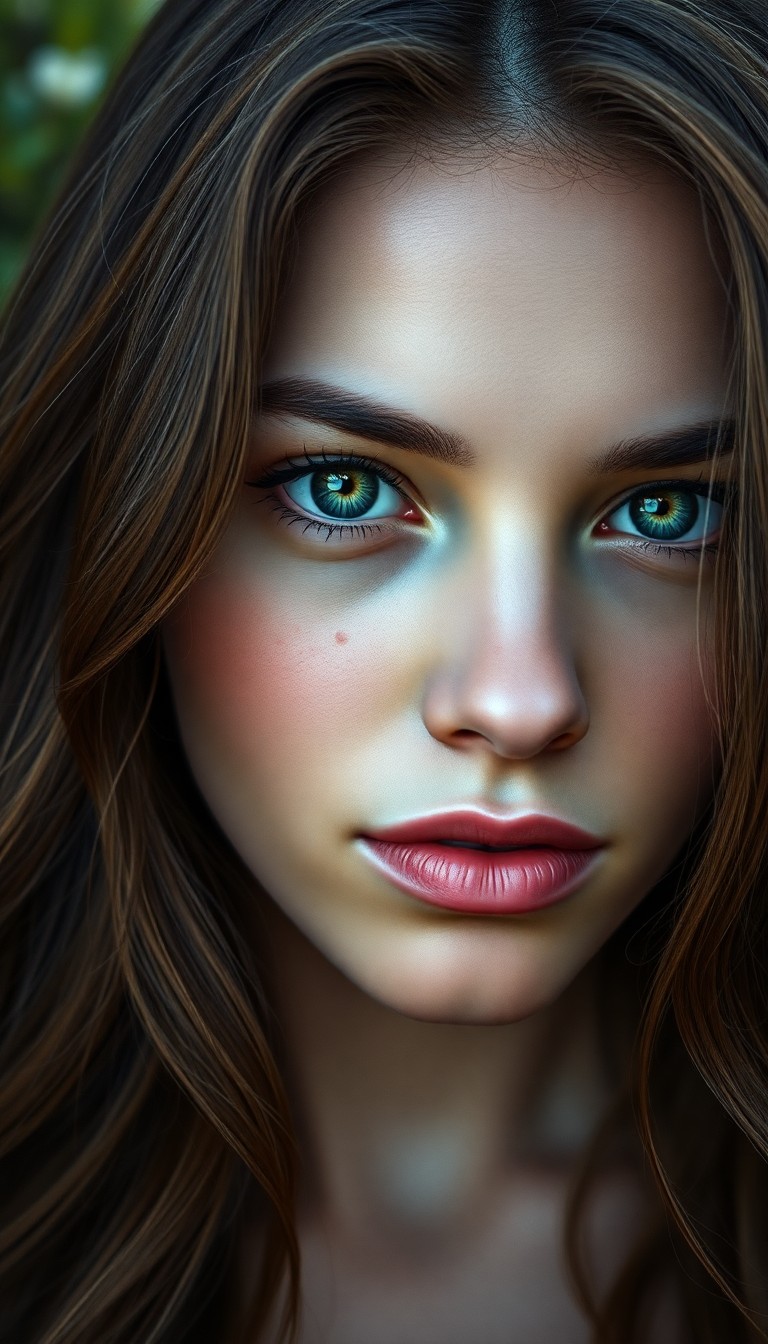 AI generated art for prompt: In this hyper-realistic portrait, a captivating Hispanic woman with wistful green eyes locks eyes wi