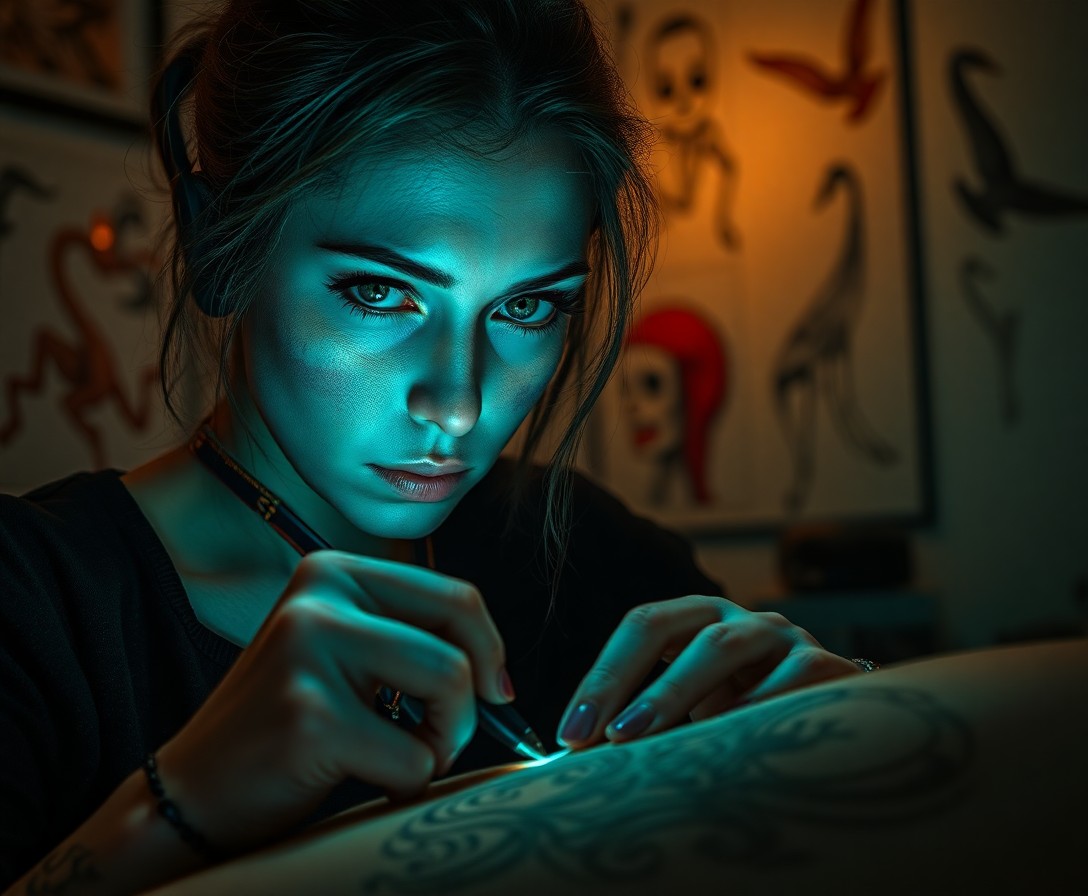 AI generated art for prompt: Craft an ultra-realistic portrait of a mysterious tattoo artist with captivating green eyes, situate