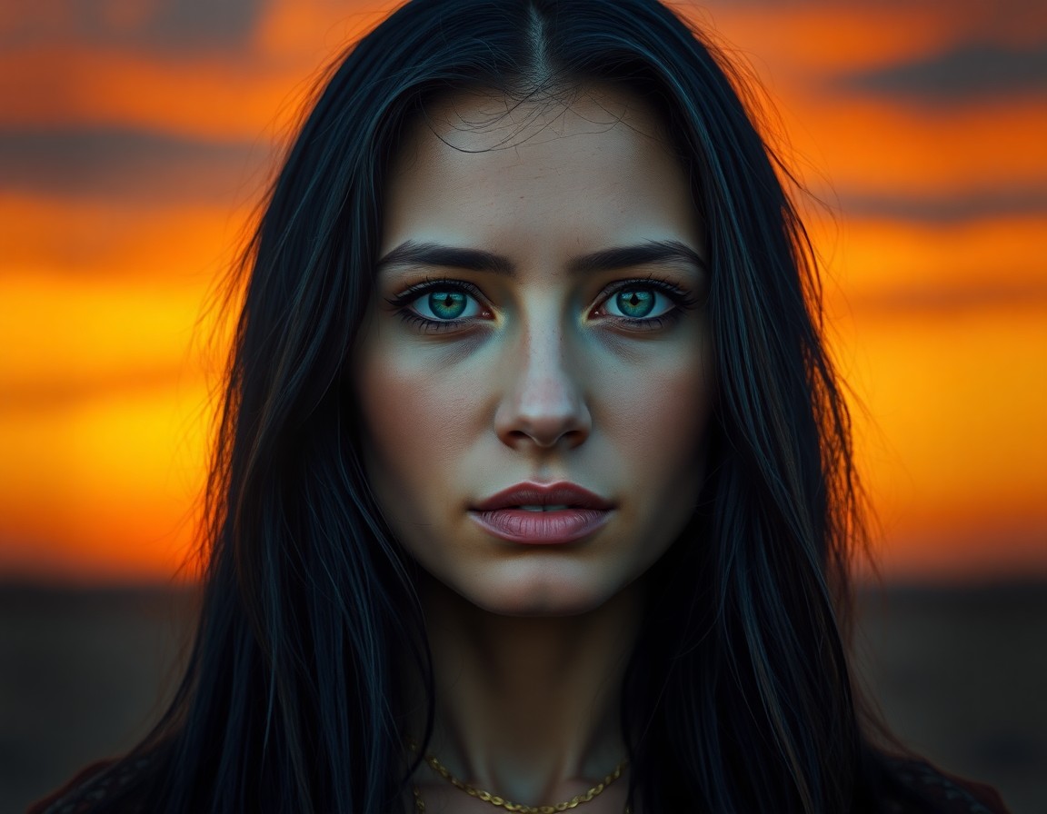 AI generated art for prompt: A striking hyperrealistic portrait captures a Native American woman of enigmatic beauty in her late 