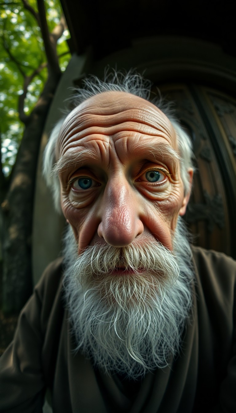 AI generated art for prompt: A portrait photograph captures an elderly sage with clouded blue eyes and a neatly trimmed white bea