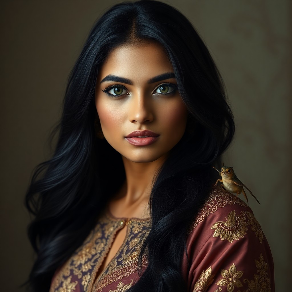 AI generated art for prompt: Imagine a portrait photograph of an enigmatic South Asian woman with compassionate green eyes and ra