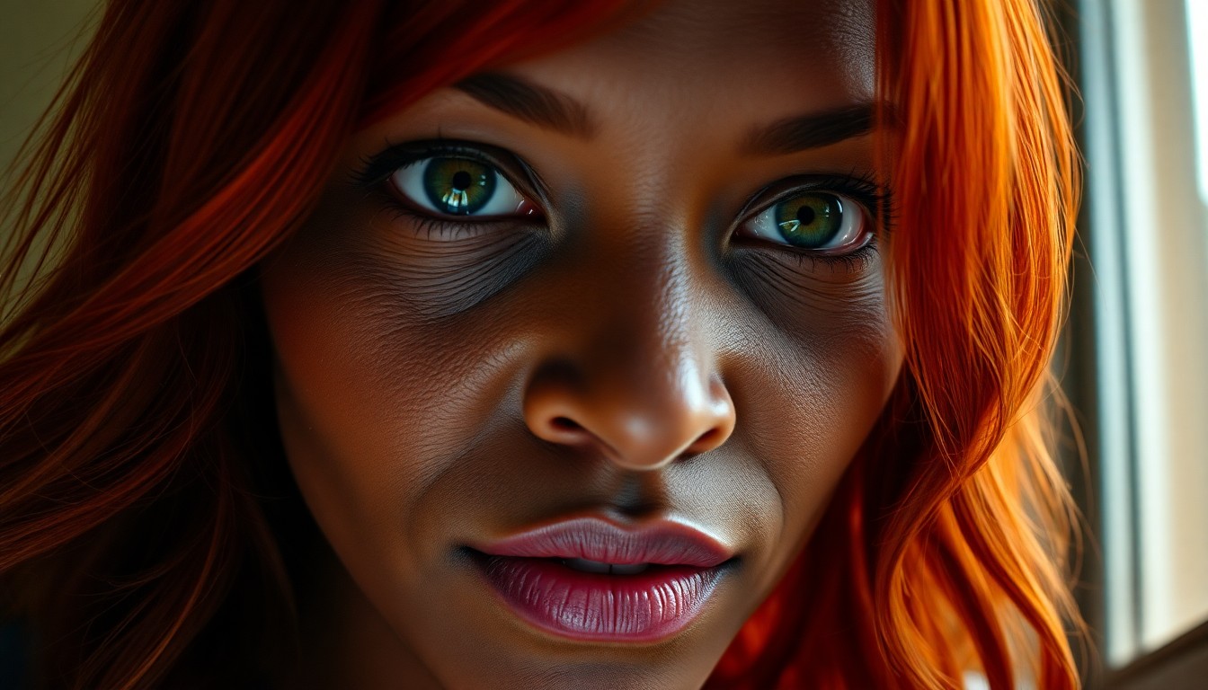 AI generated art for prompt: Create an image illustrating a close-up portrait of a Sub-Saharan African woman with fiery red hair 