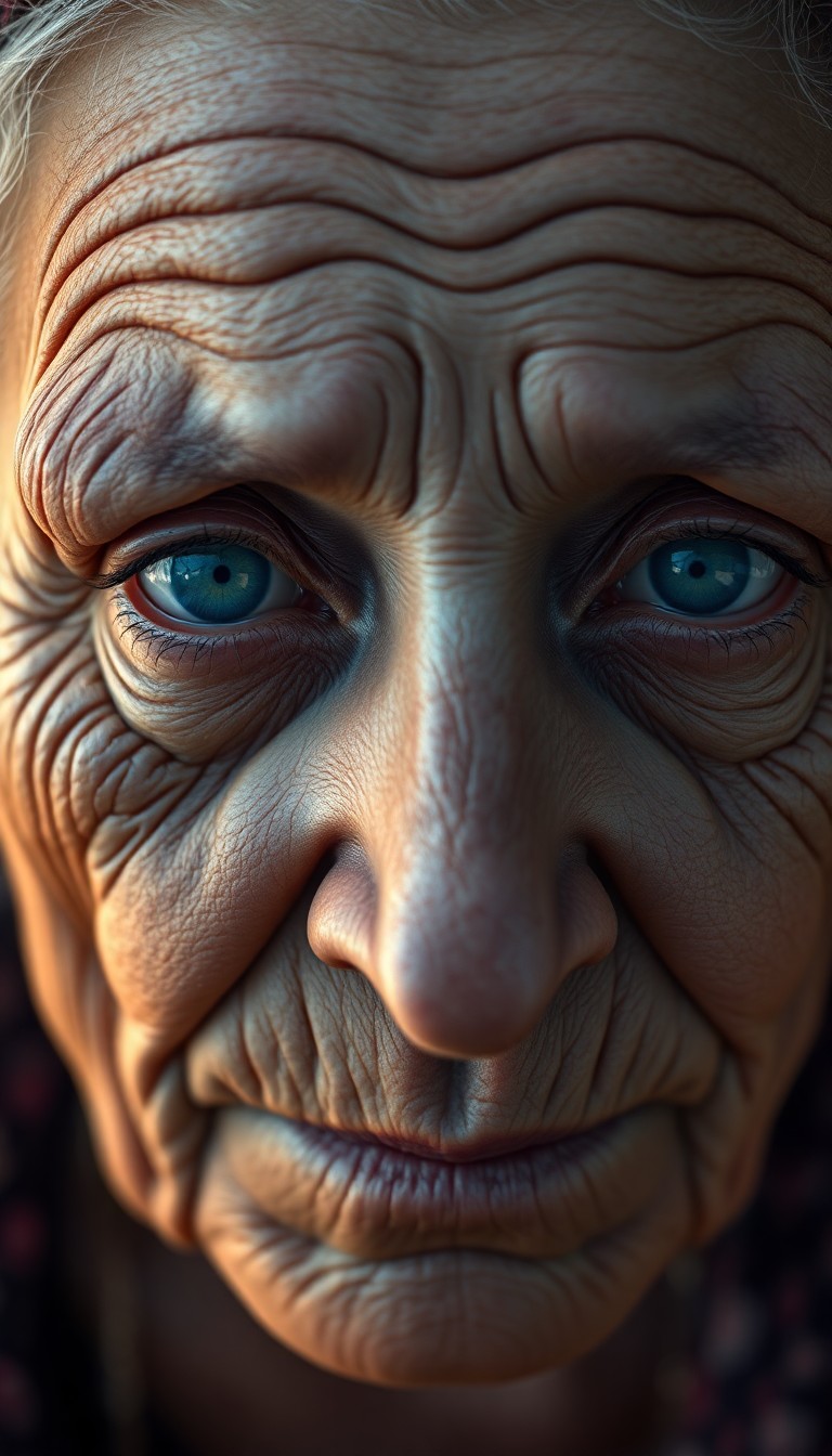 AI generated art for prompt: A hyperrealistic portrait of an elderly Hispanic woman, captured from a bird's-eye view, showcases h