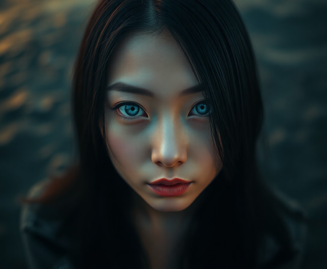 AI generated art for prompt: A captivating portrait of an enigmatic East Asian woman with warm, blue eyes and raven-black hair is