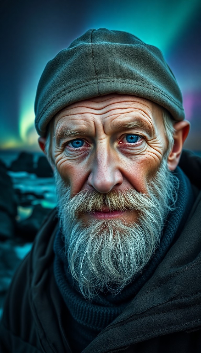 AI generated art for prompt: Visualize a high-resolution photograph of a nostalgic fisherman with a salt-and-pepper beard. His ki