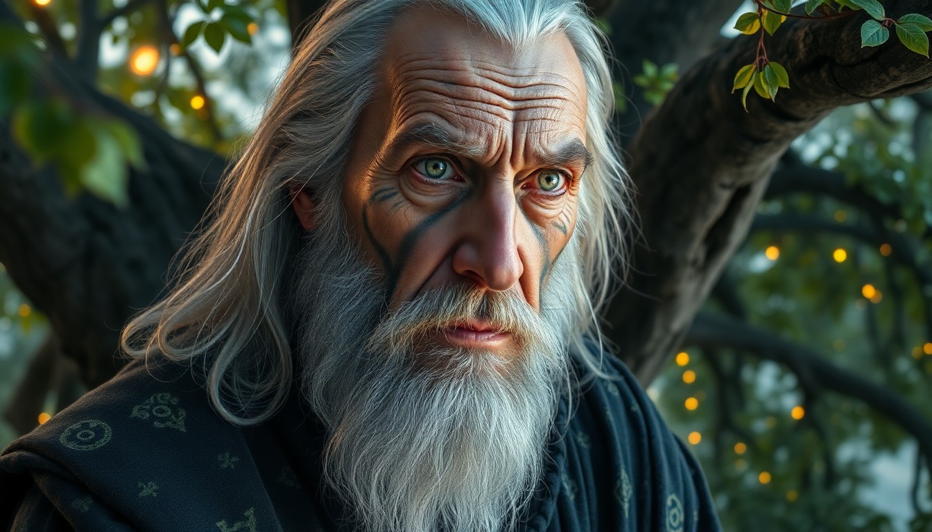 AI generated art for prompt: A striking ultrarealistic portrait of a rugged old wizard with warm, green eyes and long, silver hai