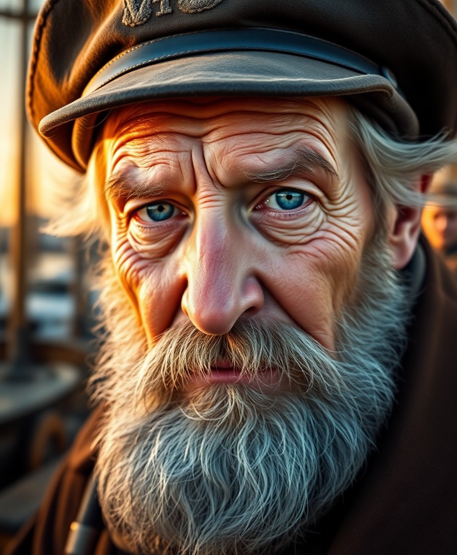 AI generated art for prompt: A photorealistic portrait of an aged, weathered sea captain with timid blue eyes, a rugged face, and