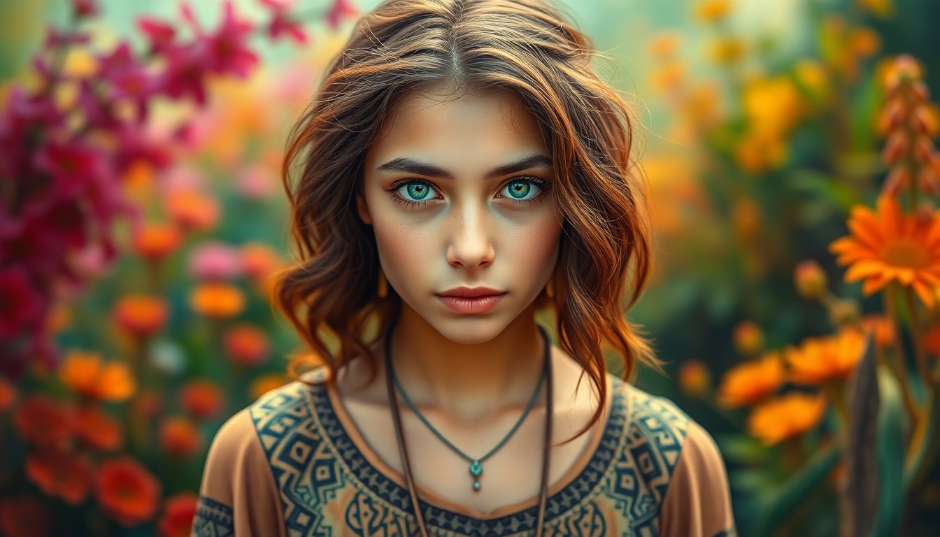 AI generated art for prompt: A captivating photorealistic portrait of a young Native American woman with striking green eyes and 