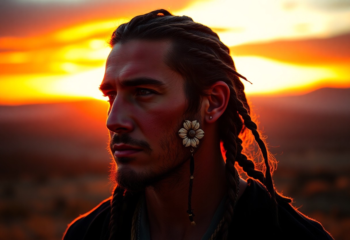 AI generated art for prompt: Create a captivating chiaroscuro portrait of a Native American Nordic man with piercing eyes and int