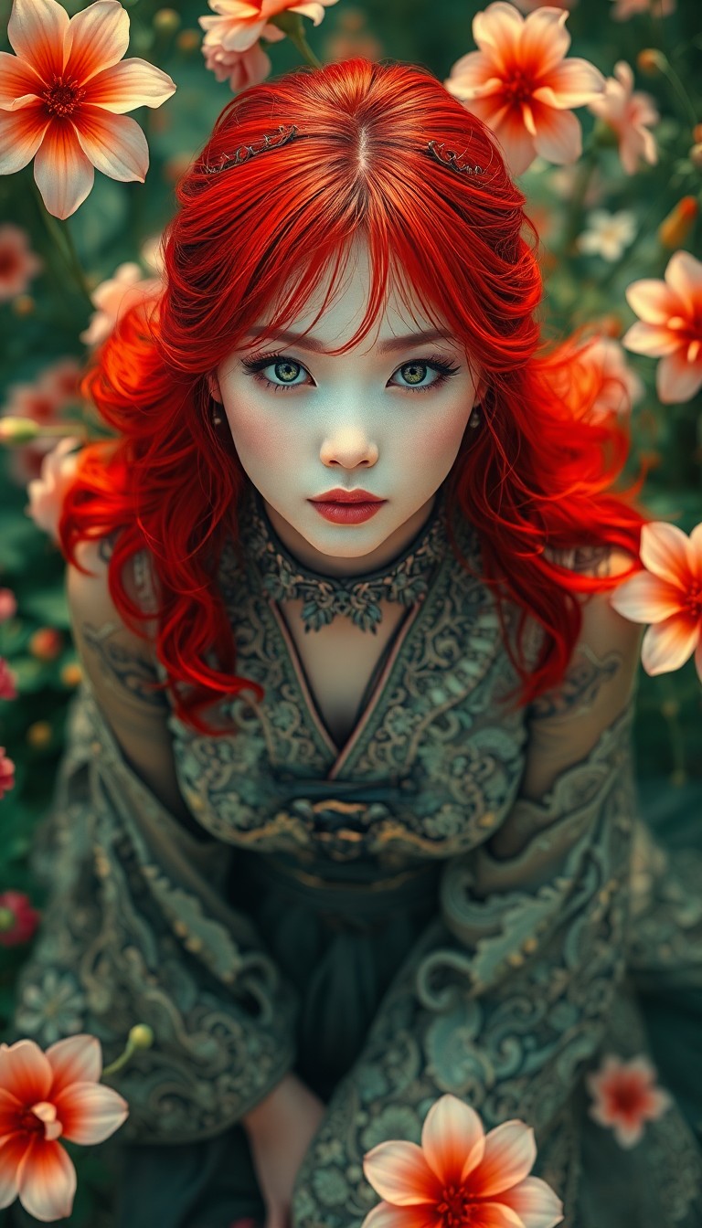 AI generated art for prompt: Create an enchanting portrait of an East Asian woman with vibrant red hair and hazy green eyes. Her 