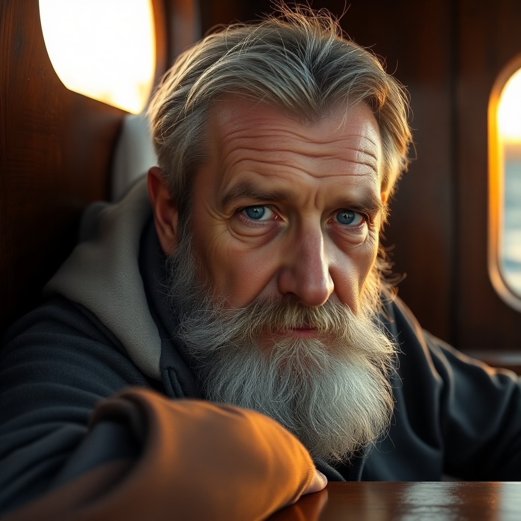 AI generated art for prompt: A captivating portrait of a seasoned sailor with intense blue eyes and a graying beard, illuminated 