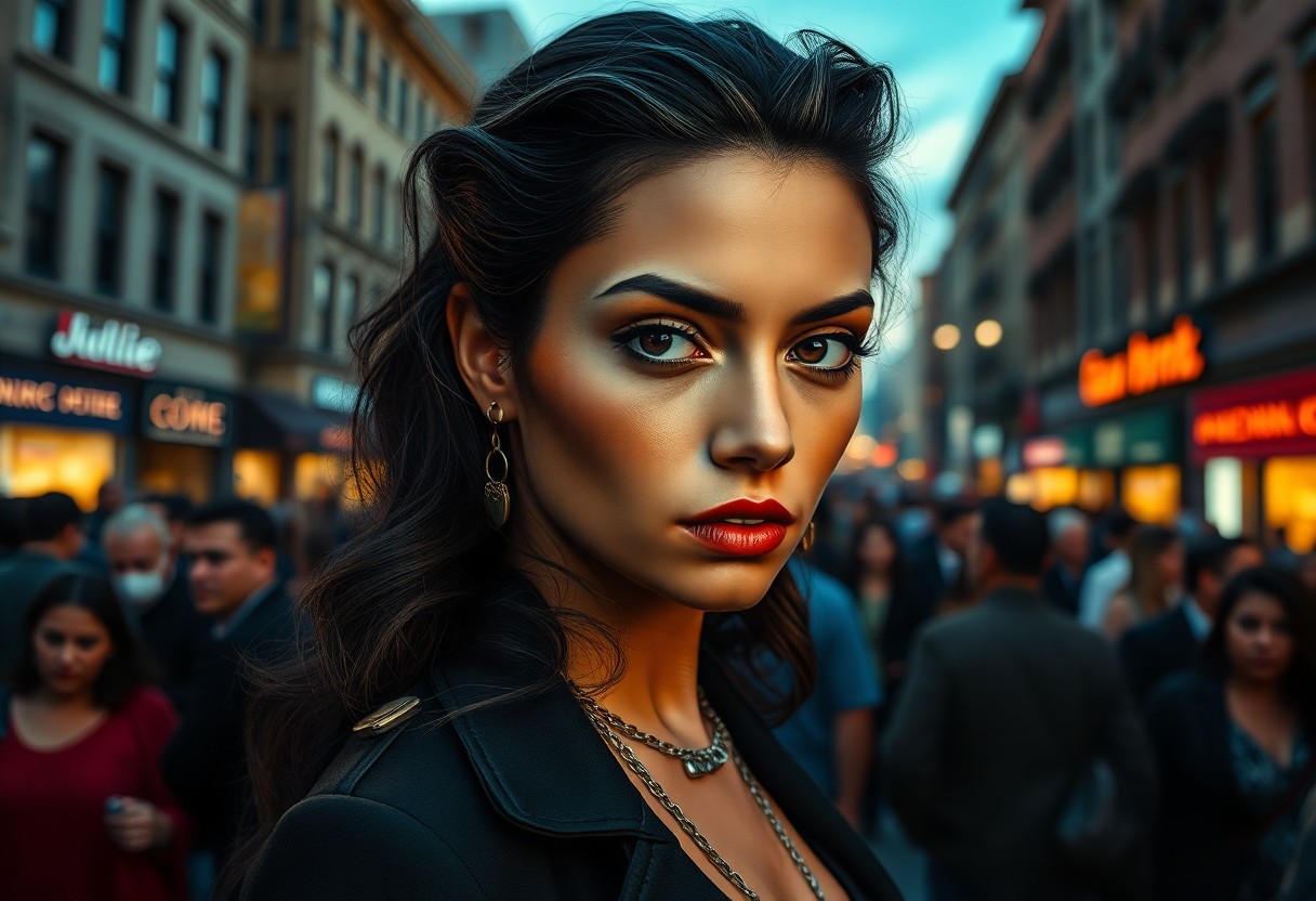 AI generated art for prompt: A hyper-realistic portrait captures the mysterious allure of an enigmatic Hispanic woman in a bustli