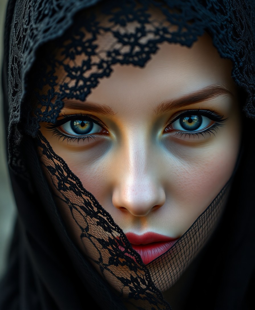 AI generated art for prompt: Create a superrealistic portrait of a mysterious Mediterranean woman, her face partially veiled by a