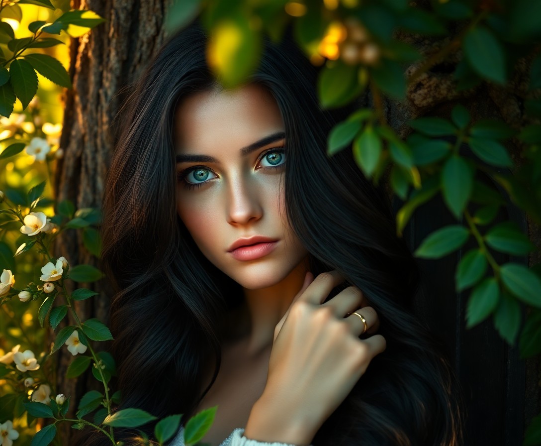 AI generated art for prompt: A close-up portrait captures a young woman of Southern European descent with captivating emerald eye