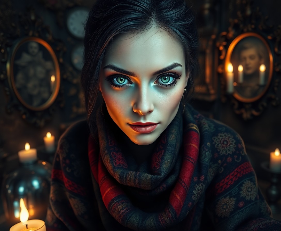 AI generated art for prompt: A highly detailed, ultra-realistic portrait of an enigmatic fortune teller with piercing emerald eye