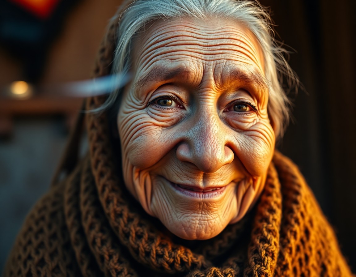 AI generated art for prompt: A superrealistic portrait of an aged Native American woman, her smile graced with deep creases, enve