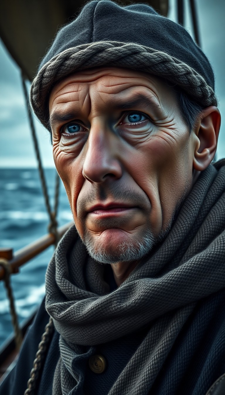 AI generated art for prompt: A photorealistic portrait of an enduring sailor with distant blue eyes, set against the backdrop of 