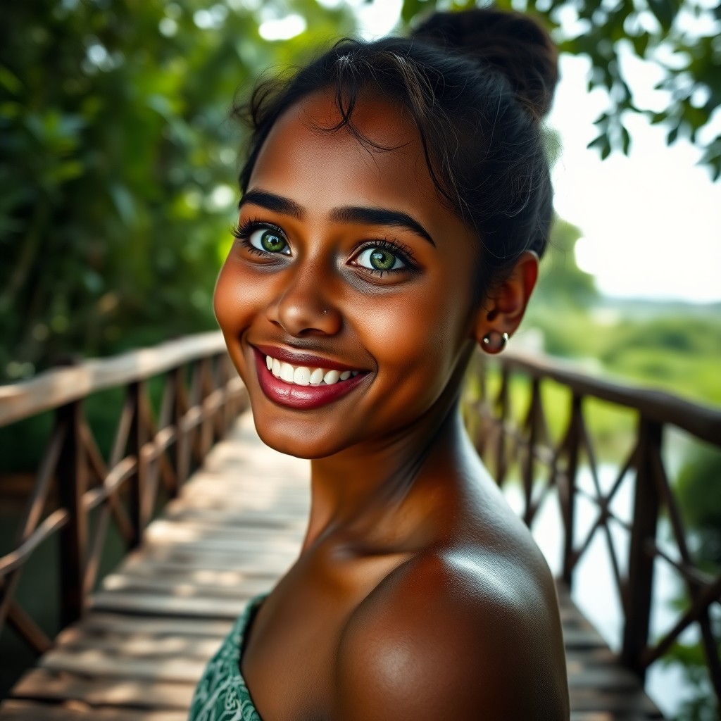 AI generated art for prompt: A portrait photograph captures a young Melanesian woman with vivid green eyes and a soft smile that 