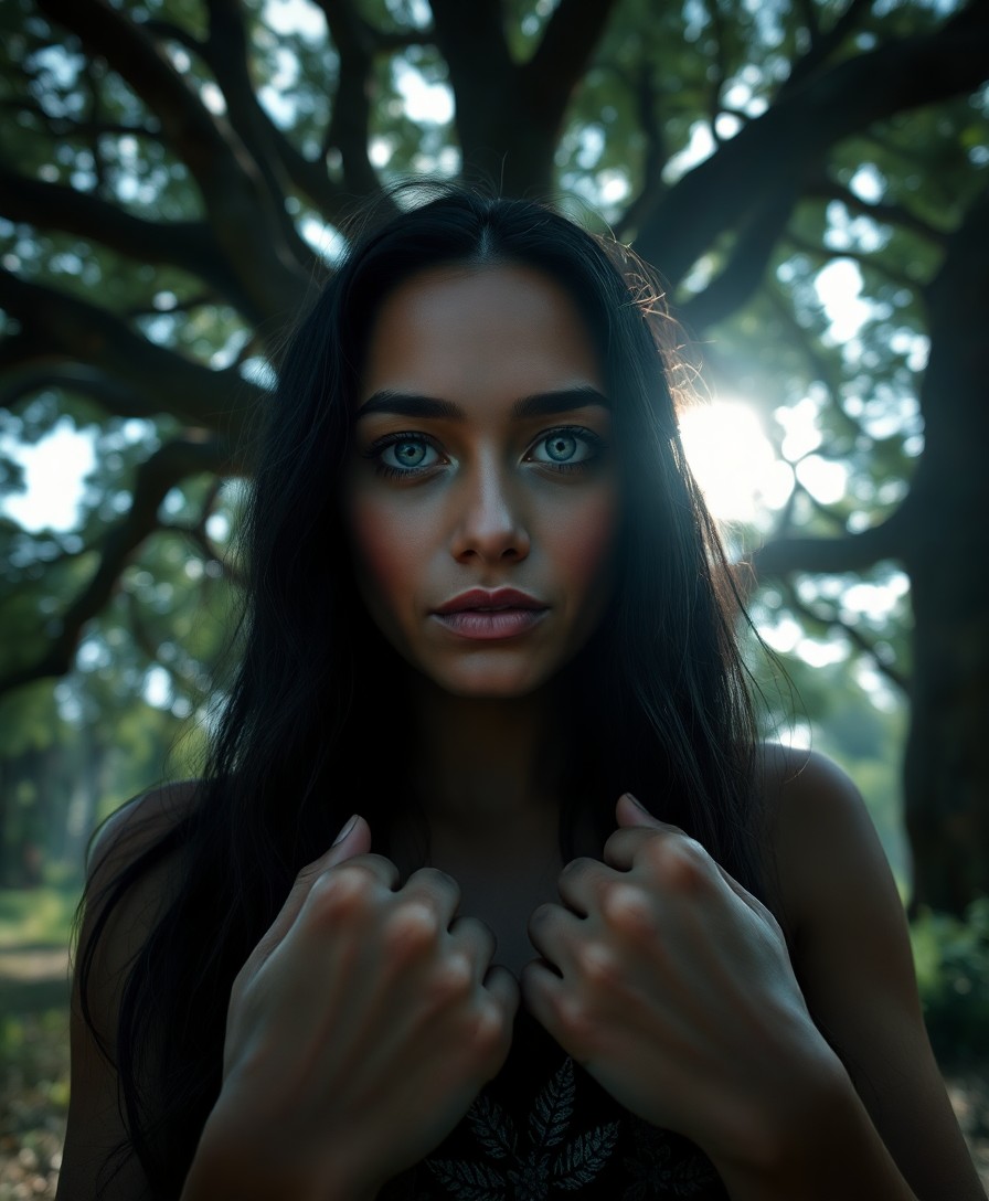 AI generated art for prompt: A haunting portrait of a Polynesian woman with kind, blue eyes and jet-black hair cascading over her