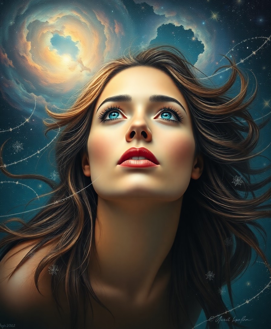 AI generated art for prompt: A celestial portrait in the style of an astral oil painting captures a Latin American woman, etherea