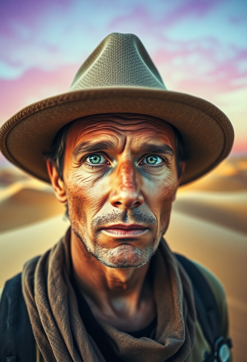 AI generated art for prompt: A portrait photograph captures a weary traveler with sun-weathered skin and serene green eyes, gazin