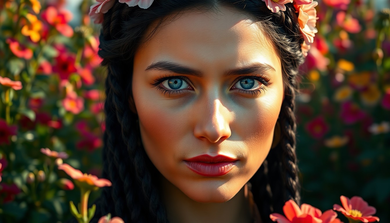 AI generated art for prompt: A highly realistic portrait of an enigmatic Andean woman with striking blue eyes, alabaster skin, an