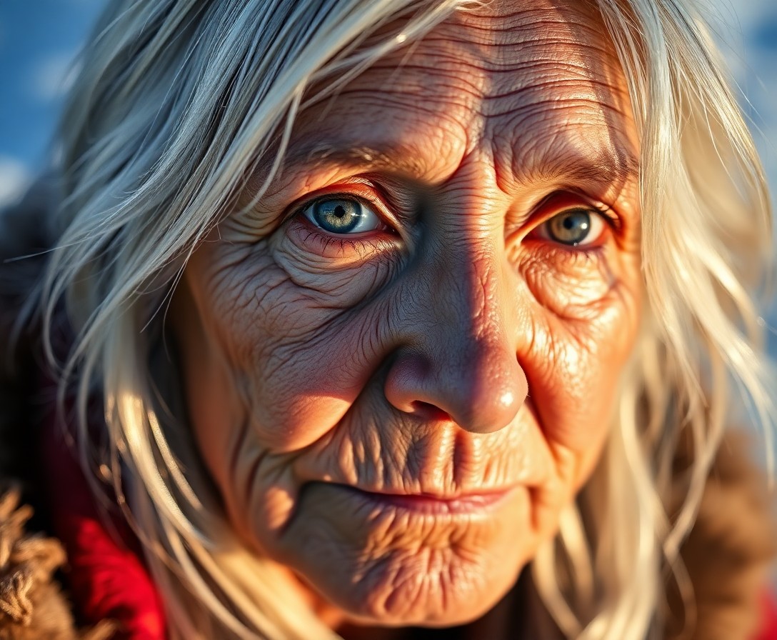 AI generated art for prompt: In the spirit of hyperrealistic portraiture, envision an elderly Inuit woman, her face a map of deep