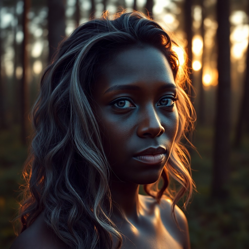 AI generated art for prompt: A portrait photograph, captured with a film camera, depicts an introspective African woman with wavy