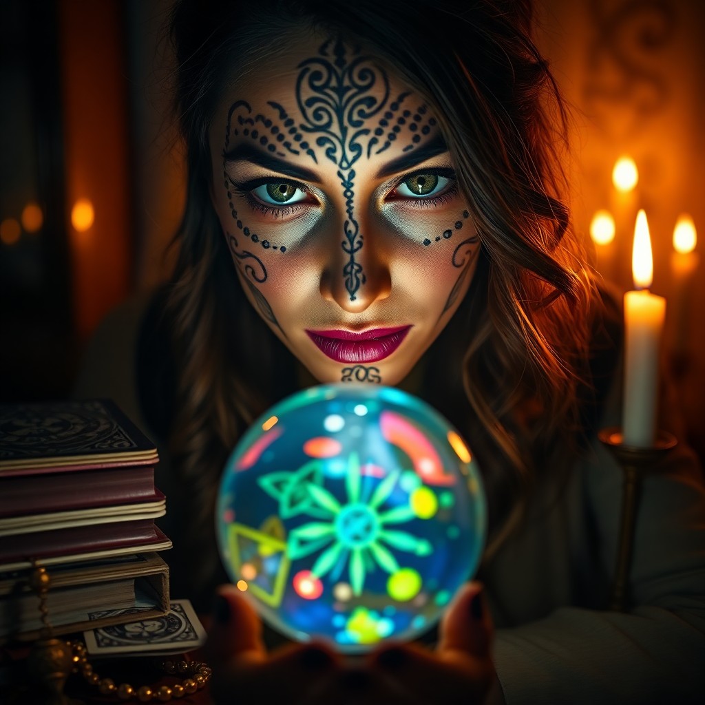 AI generated art for prompt: Envision a portrait photograph of a mysterious fortune teller with clouded green eyes, her face ador