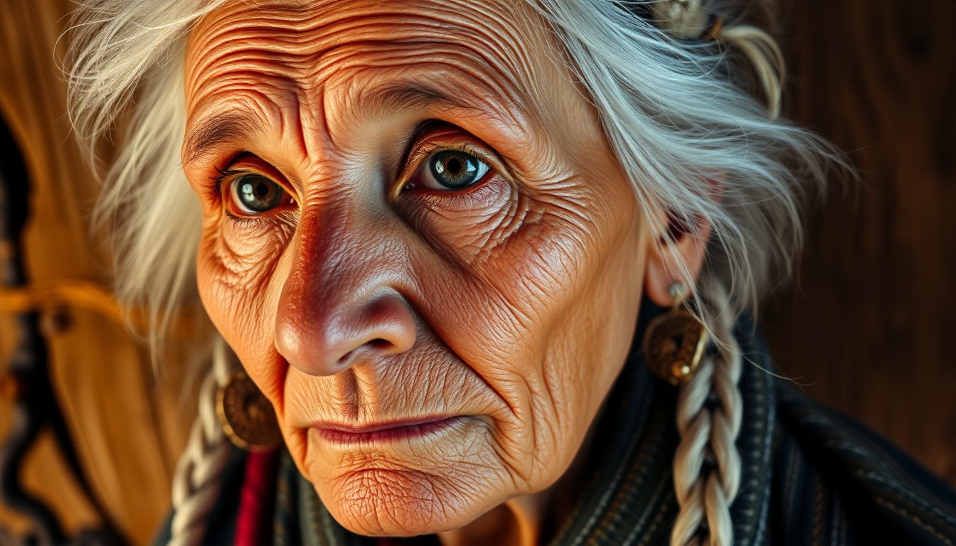 AI generated art for prompt: Create a super-realistic portrait of an astute elderly Andean woman. Deep wrinkles and soulful eyes 