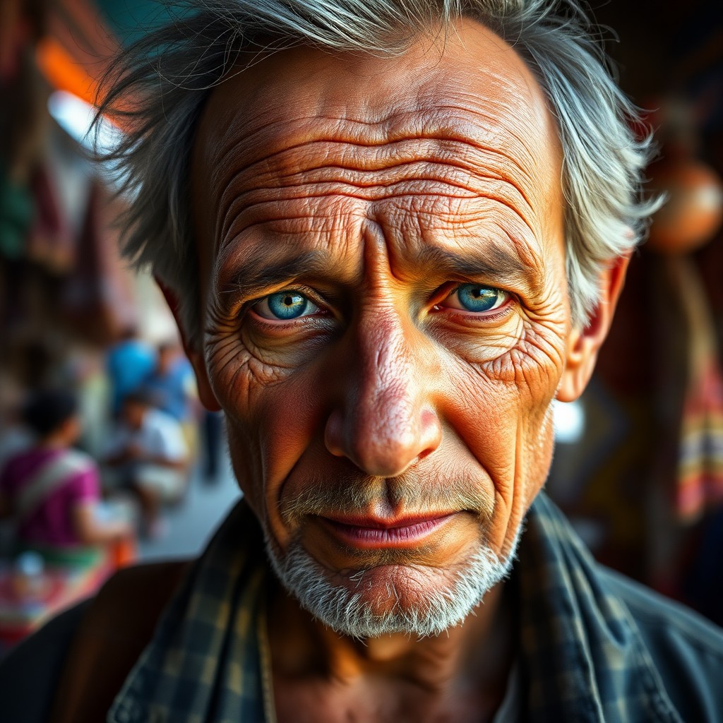 AI generated art for prompt: Create a photorealistic portrait of a seasoned wanderer, a man with sun-weathered skin and gentle bl