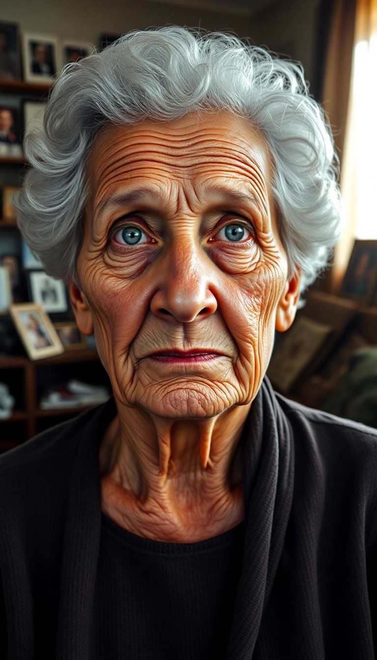 AI generated art for prompt: Create a photorealistic portrait of an elderly Central Asian woman, her face a map of a life well-li