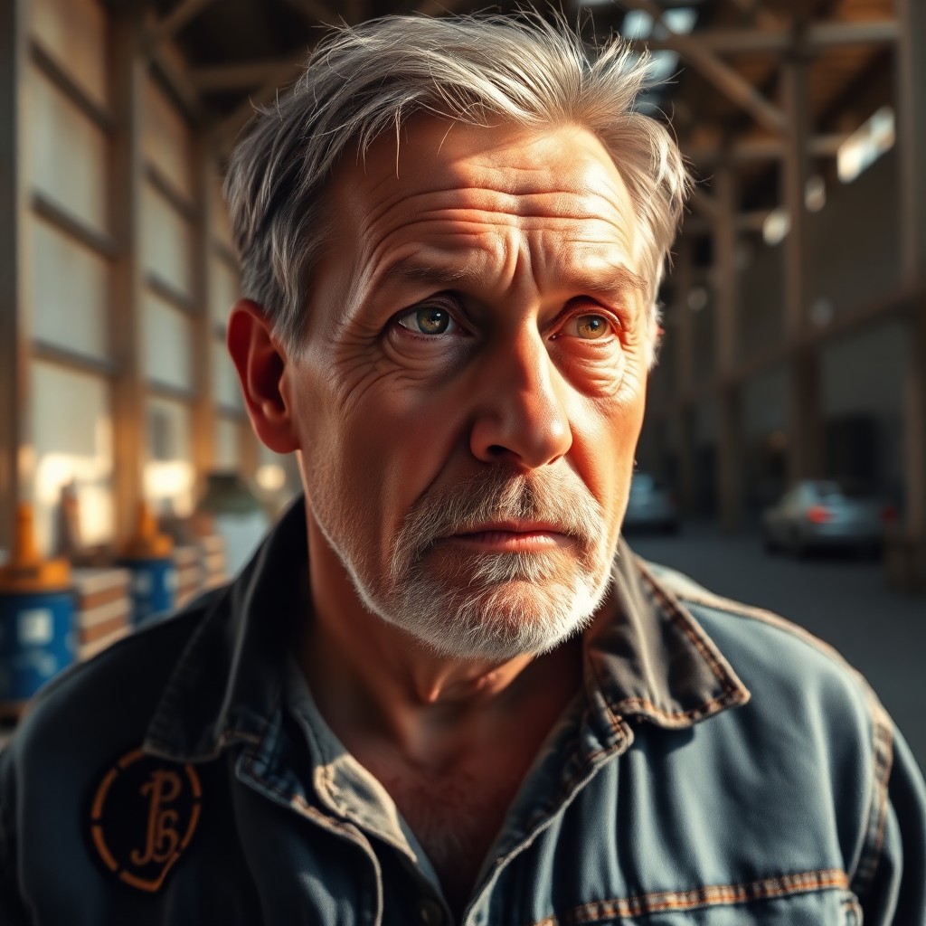 AI generated art for prompt: A photorealistic portrait captures a middle-aged man with rugged features and warm, brown eyes from 