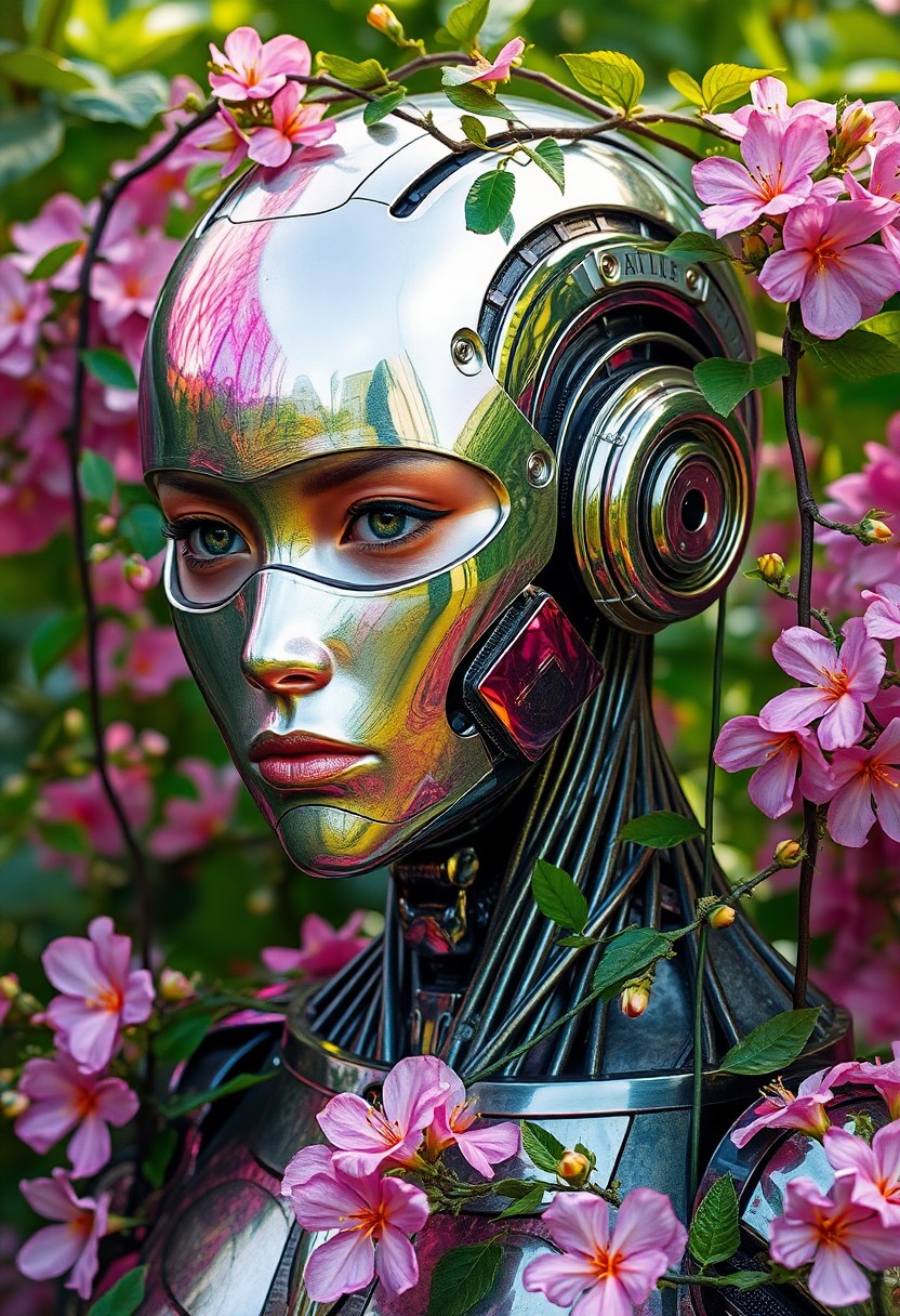 AI generated art for prompt: Depict a photorealistic portrait of a futuristic cyborg in harmony with nature's tranquility. The cy