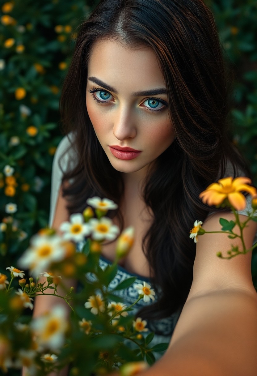 AI generated art for prompt: Enigmatically alluring, an Eastern European woman with compassionate blue eyes and porcelain skin ca