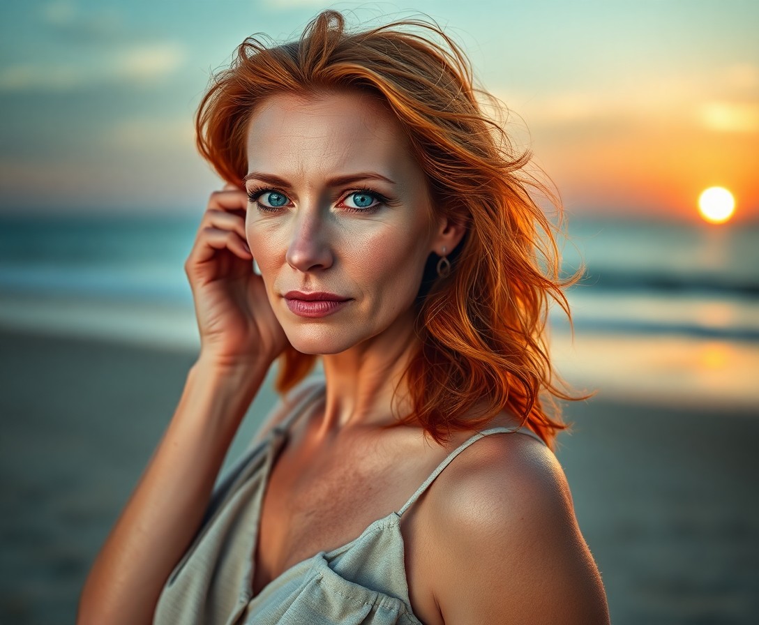 AI generated art for prompt: Craft an evocative portrait of a serene middle-aged Nordic woman with deep blue eyes and sun-kissed 