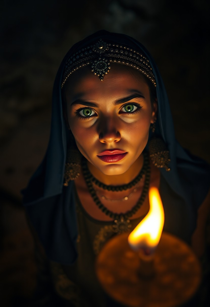 AI generated art for prompt: A mirrorless camera captures an enigmatic portrait of a young North African woman with kind green ey