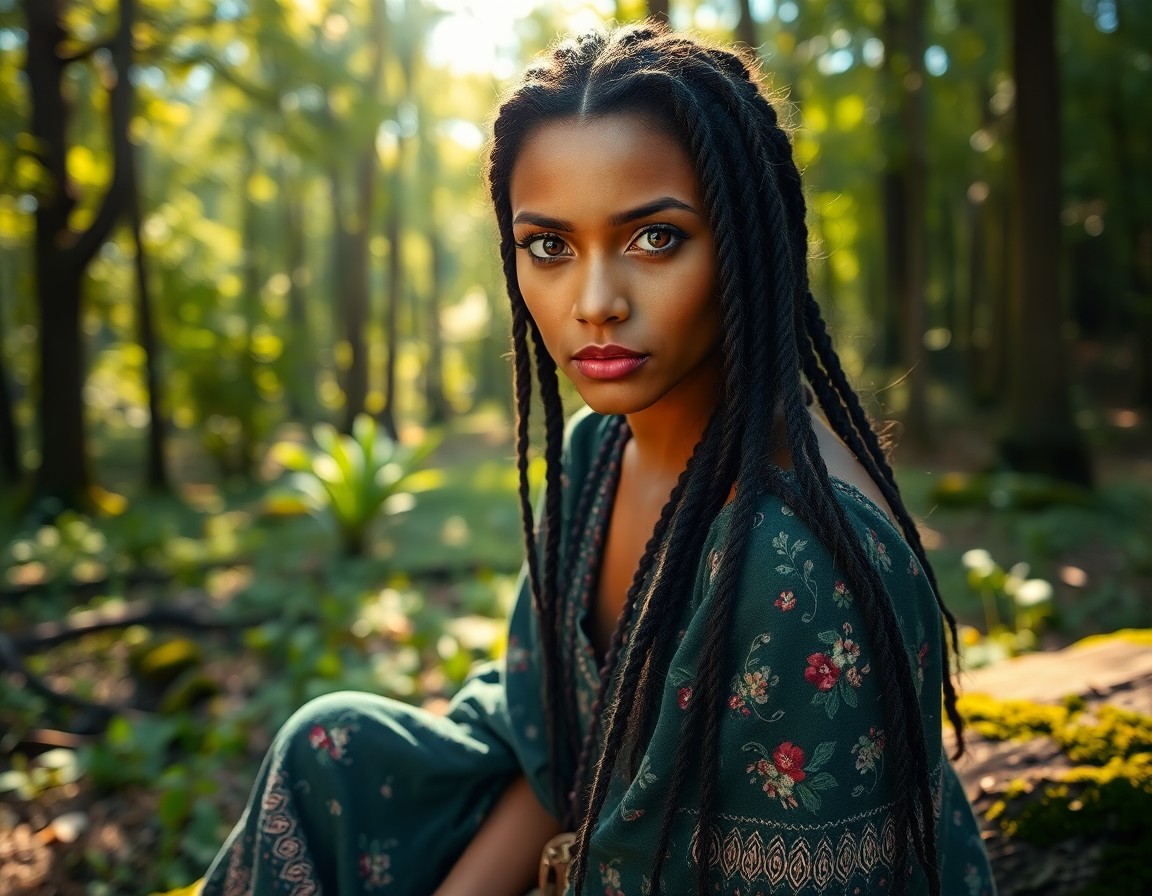 AI generated art for prompt: Photorealistic portrait of an enchanting North African woman with braided hair and piercing eyes, se