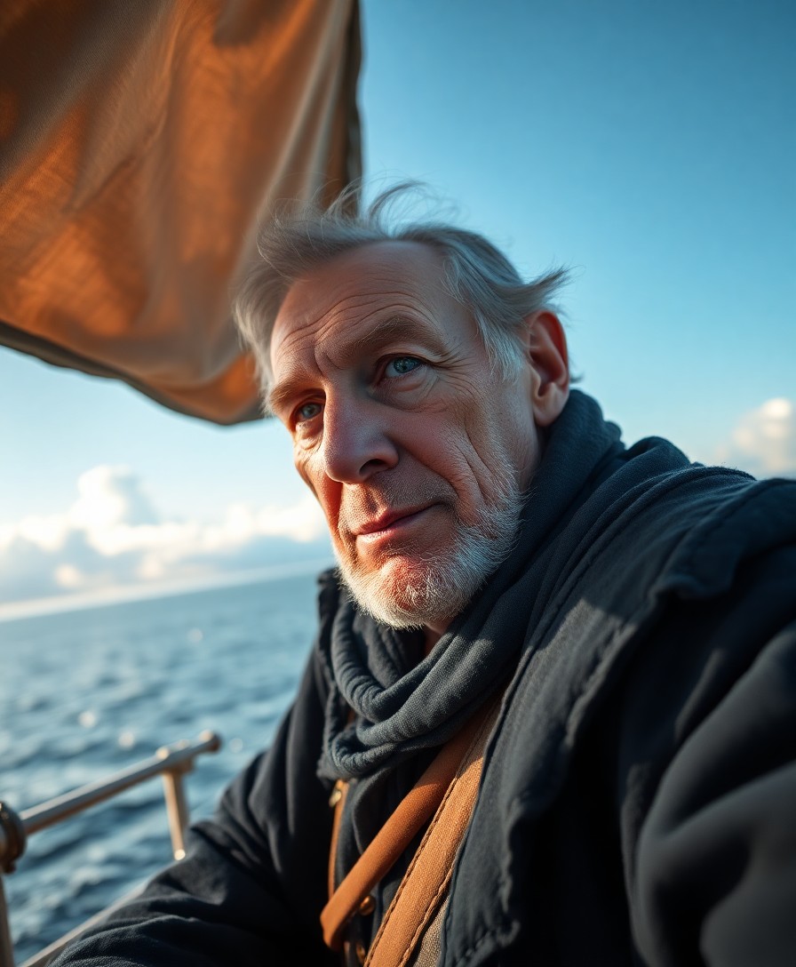 AI generated art for prompt: A meticulously detailed portrait photograph captures a seasoned sea captain with sun-etched wrinkles