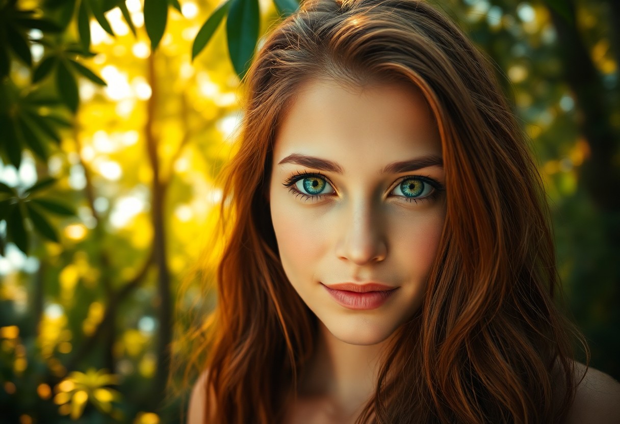 AI generated art for prompt: A portrait photograph showcases a pensive young Amazonian woman with striking emerald eyes, set agai