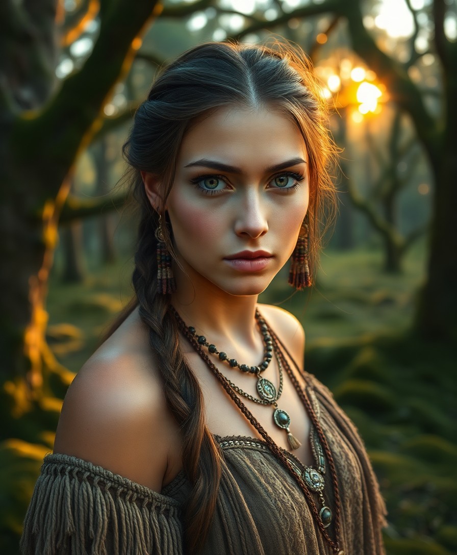 AI generated art for prompt: Envision an enigmatic Native American woman with captivating hazel eyes, adorned in intricate Viking